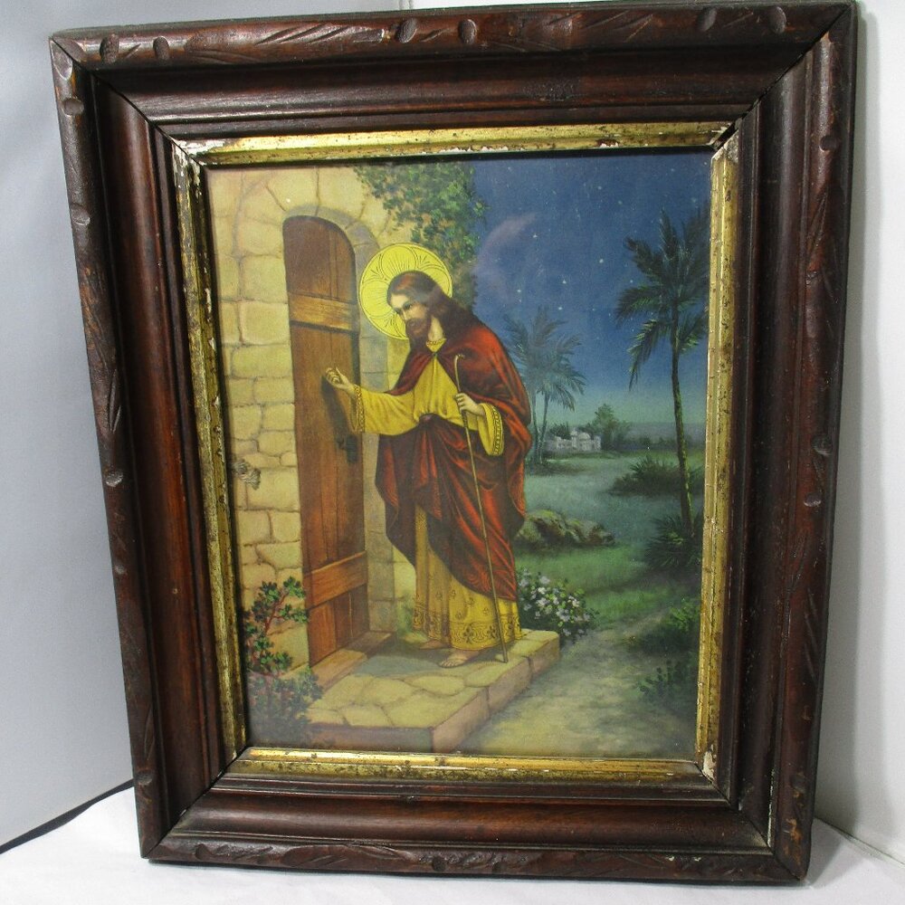 OLD Antique Vintage Wood Framed Jesus Christ Knocking at the Door Picture Print
